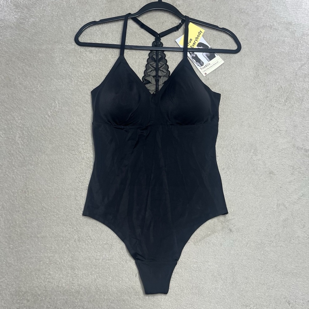 NEW True & Co Black V-Neck Racerback Bodysuit Size Large Lace Back Built In Bra